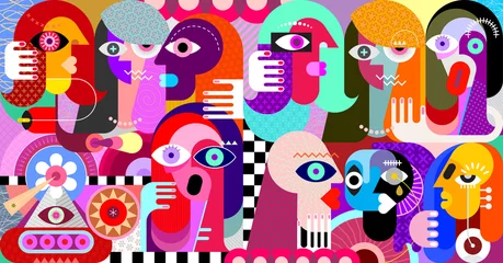 Poster Im Rahmen Digitale Malerei einer großen Gruppe seltsamer Leute. Grafische Illustration der modernen Kunst. ©  danjazzia