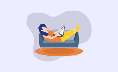 Employees work from home during covid-19 outbreak. Prevention of Corona Virus. Self quarantine concept. Woman working on laptop and lying on the blue sofa. stay home, stay safe illustration
