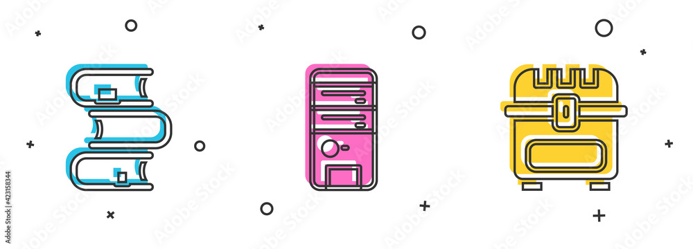 Sticker Set Book, Computer and Antique treasure chest icon. Vector