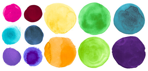 Bright Colorful Watercolor Circles. Set of Creative Art Drops. Drawn Rounds Background. Brush Watercolor Circles. Ink Hand Paint Bubble. Graphic Stains on Paper. Colorful Watercolor Circles.