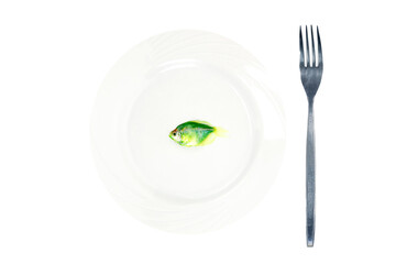 Green fish lies on a white plate with a fork isolated on a white background, selective focus. Fish diet concept.