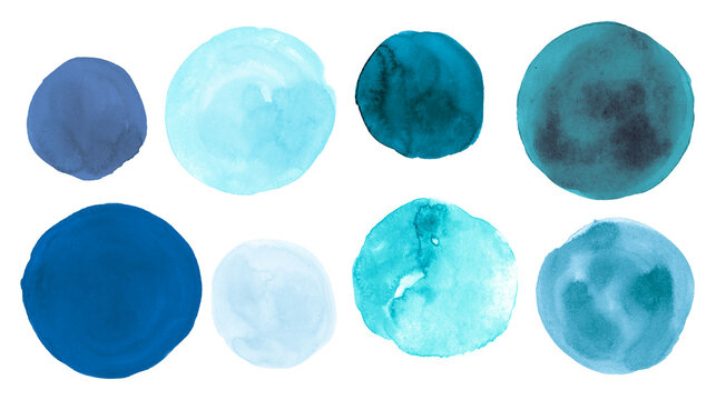 Teal Watercolor Circle. Isolated Grunge Stains on Paper. Navy Ink Shapes Elements. Acrylic Watercolor Circle. Blue Graphic Drops Texture. Indigo Dots. Pastel Watercolor Circle.