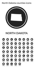 North Dakota counties icons. Black round logos with us state counties maps and titles. Vector illustration.