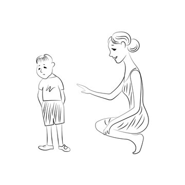 Sad a child and mumnd hurt, mother comforts him, sitting next . Vector black and white line image.