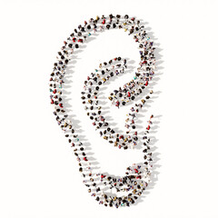 Concept or conceptual large comunity of people forming the image of an ear on gray background.  A 3d illustration metaphor for hearing loss, tinnitus, vertigo, ear pain or infection, auditory testing