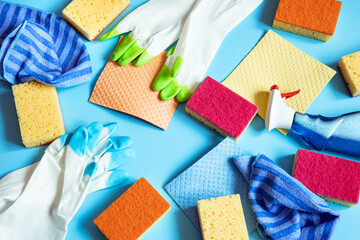 Colorful composition with accessories for cleaning the house.