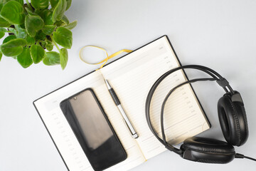 Headphones, a notebook, a mobile phone and a houseplant on an indoor table, flat lay.