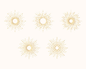 Set of golden Sunbursts. Vector isolated firework explosion.