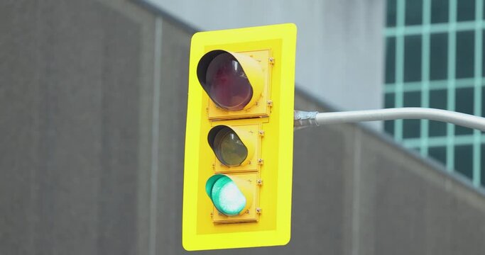 Traffic signal head on green with a high rise in the background in Ottawa, Canada. 