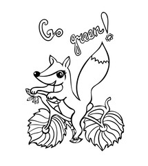 Fox ride a bike made from leaves. Cartoon eco motivating concept or sticker with handwritten phrase Go Green. 