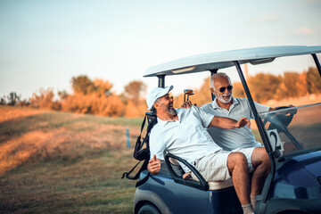Two older friends are riding in a golf cart. - obrazy, fototapety, plakaty