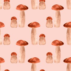 White mushrooms seamless watercolor pattern. Food, forest flora. Summer and autumn harvest.