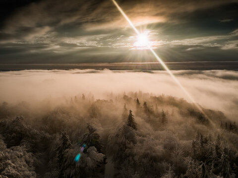 Magnificent view from Watchtower in the mountains during the winter. Land covered by snow, peace in soul during amazing sunset. - Powered by Adobe