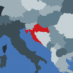 Shape of Croatia highlighted in red on a world map, showing its location in the context of neighboring countries. Vector illustration.