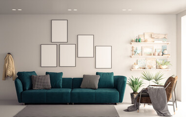 Mockup canvas frames in white living room with green sofa on grey carpet. Living room with green couch, 3D rendering no people