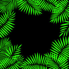 Fototapeta na wymiar Bright seamless pattern with palm leaves on a black background. Vector drawing.
