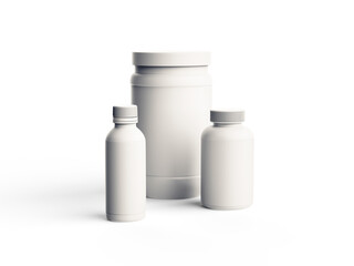 Three Realistic sport nutrition containers with white colors and labels, 3d Render