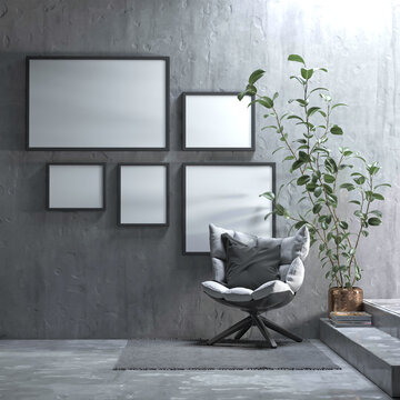 Mock-up frame in dark grey home interior with armchair, fur, , 3d render