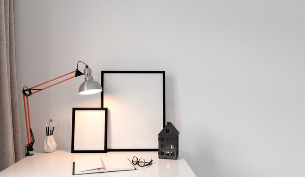 Mockup poster in the interior modern style, red desk lamp illuminate a book.3D Render