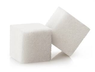 Close-up of two white sugar cubes, isolated on white background