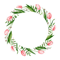 Round frame with watercolor pink tulips, genista, pistache branches. Hand drawn illustration is isolated on white. Wreath is perfect for floral design, greeting card, poster, wedding invitation