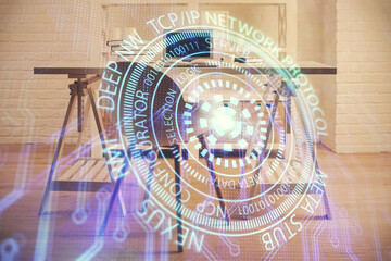 Multi exposure of data theme drawing and office interior background. Concept of technology.