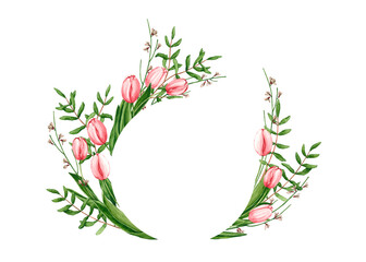 Wreath with watercolor tulips, genista, pistache branches. Hand drawn illustration is isolated on white. Round frame is perfect for floral design, greeting card, poster, wedding invitation