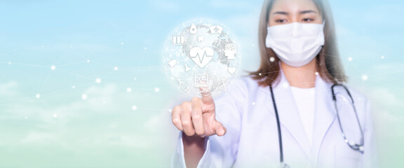 Doctor Hand holding a digital world with Health care and medical services icons, Health care and medical services concept. “3D illustration” 