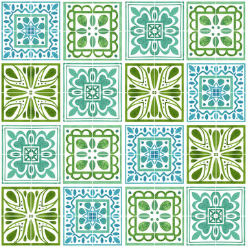 Green ornamental tiles seamless pattern. Watercolor ceramic tiles, majolica background