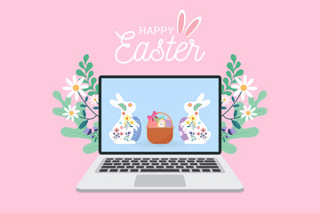 Happy Easter day with online on laptop concept. Easter celebrating at home.vector illustration