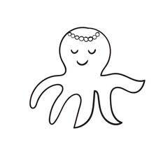 Hand drawn octopus with beads, jewellery vector illustration coloring page. Simle black line in doodle style. Easy form.