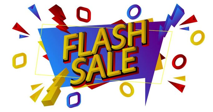 4k Animation. Flash Sale popup promotion banner. Video footage with red, yellow and blue banners and objects. Motion graphic for advertisement and special offer.