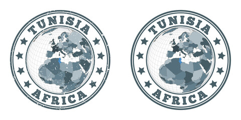 Tunisia round logos. Circular badges of country with map of Tunisia in world context. Plain and textured country stamps. Vector illustration.