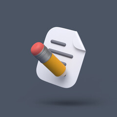 3d simple pencil with docunent icon on pastel background. Hight quality 3d illustration. Edit icon render.