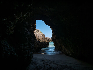 sea cave on a beach on the Tyrrhenian Sea near Marina di Camerota. Salerno, Campania, Italy