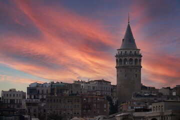 Fototapeta na wymiar Evening view and different angles of the Galata Tower in the city of Istanbul