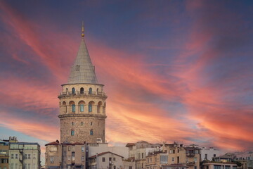 Fototapeta na wymiar Views and different angles of the Galata Tower in the city of Istanbul