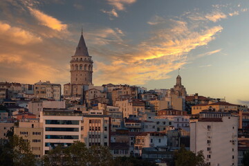 Fototapeta na wymiar Evening view and different angles of the Galata Tower in the city of Istanbul