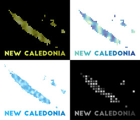 New Caledonia map. Collection of map of New Caledonia in dotted style. Borders of the country filled with rectangles for your design. Vector illustration.
