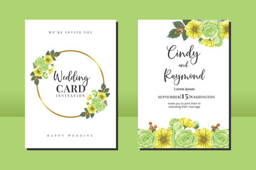 Wedding invitation frame set, floral watercolor hand drawn Green Rose Flower design Invitation Card Template