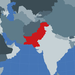 Fototapeta premium Shape of Pakistan in context of neighbor countries. Country highlighted with red color on world map. Pakistan map template. Vector illustration.