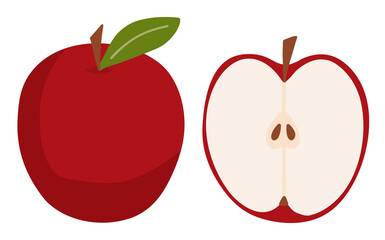Red apple and its half, a slice. Fruit. Isolated element, object on a white background. Drawn by hands. Ripe healthy. Healthy natural food, vitamins, summer. Organic eco