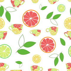 Seamless pattern of silhouettes of cups with slices of citrus fruits and leaves on a white background.