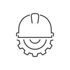 Men at work. Engranaje con casco con lineas de color gris