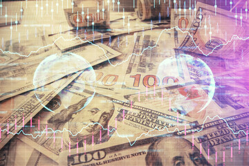 Multi exposure of forex chart drawing over us dollars bill background. Concept of financial success markets.