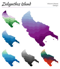 Set of vector maps of Zakynthos Island. Vibrant waves design. Bright map of the island in geometric smooth curves style. Multicolored Zakynthos Island map for your design. Awesome vector illustration.
