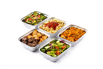 Take away healthy food in foil boxes isolated on white background