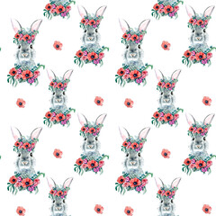 Seamless bright Easter pattern with Easter bunny, anemones, Easter eggs in red, spring, Easter, watercolor work, hand drawing.