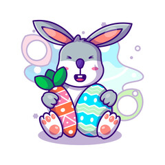 Cute Bunny with Carrot and Egg to Easter Day Vector Icon Illustration in Flat Cartoon style for Web Landing Pages with Banner or Sticker and Background