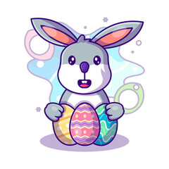 Cute Bunny with Eggs to Easter Day Vector Icon Illustration in Flat Cartoon style for Web Landing Pages with Banner or Sticker and Background